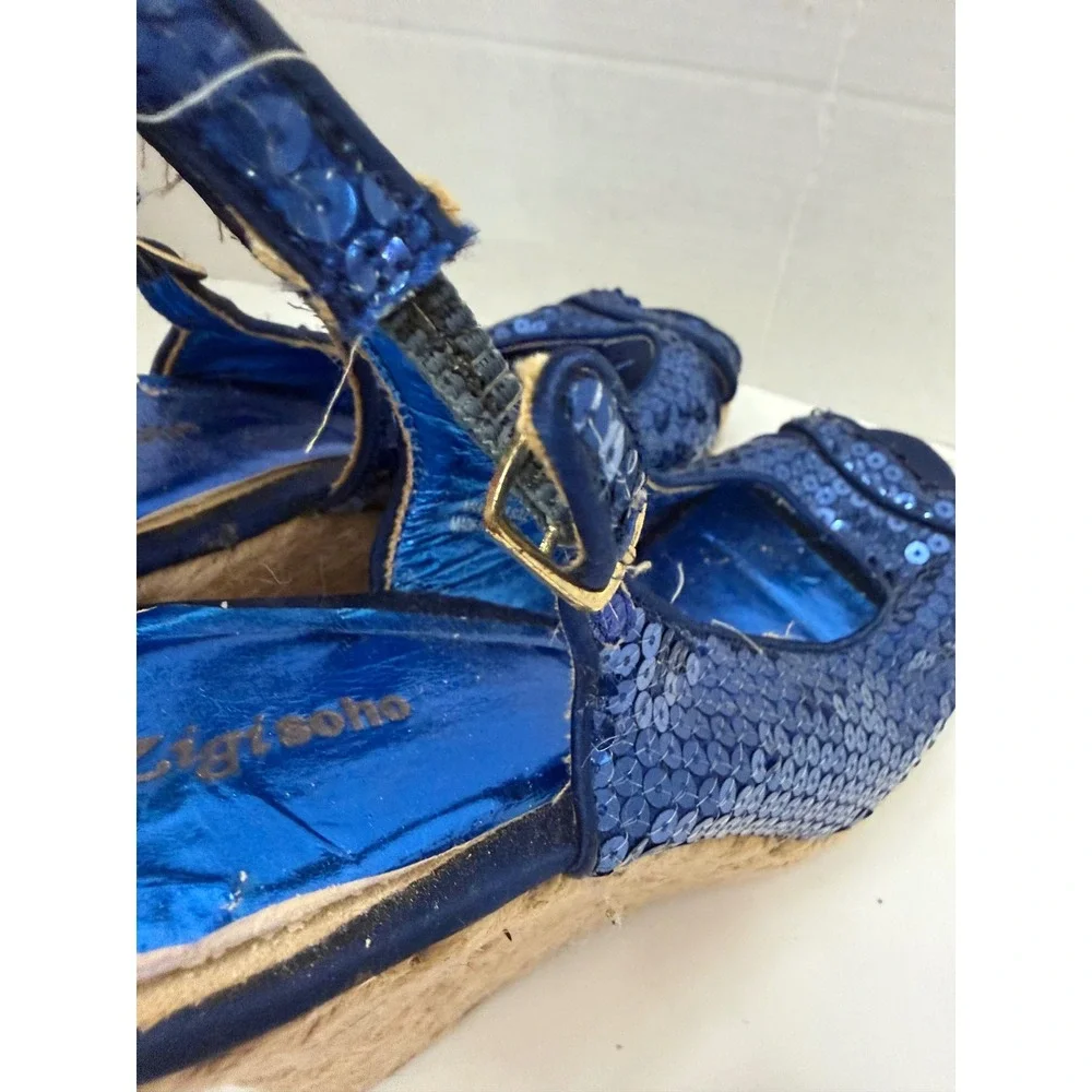 Zigisoho Blue Sequin Espadrille Wedge Sandals Slingback Peep Toe Platform Shoes